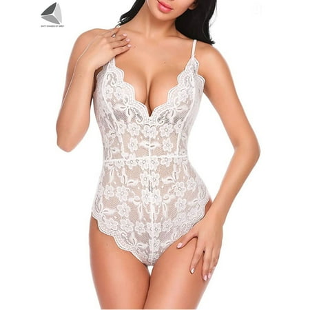 

Sixtyshades Womens V Neck Sexy Lingerie Floral Lace See Through Babydoll Bodysuit G-String Thong Nightwear (S White)