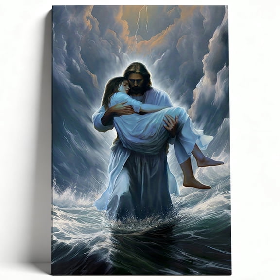 Jesus Carrying Woman in Storm Canvas Wall Art Christian Comfort Faith Painting Religious Living Room Bedroom Catholic Decor Print Ready to Hang 8*12