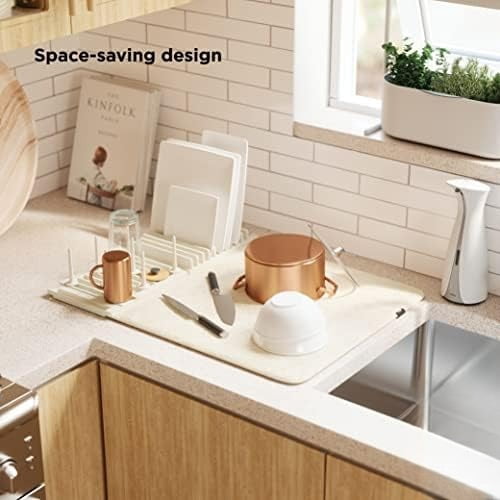 Udry Dish Rack with Movable Pegs and Microfiber Drying Mat – Space-Saving Design Folds Up for Easy Storage, Basic Rack, Linen