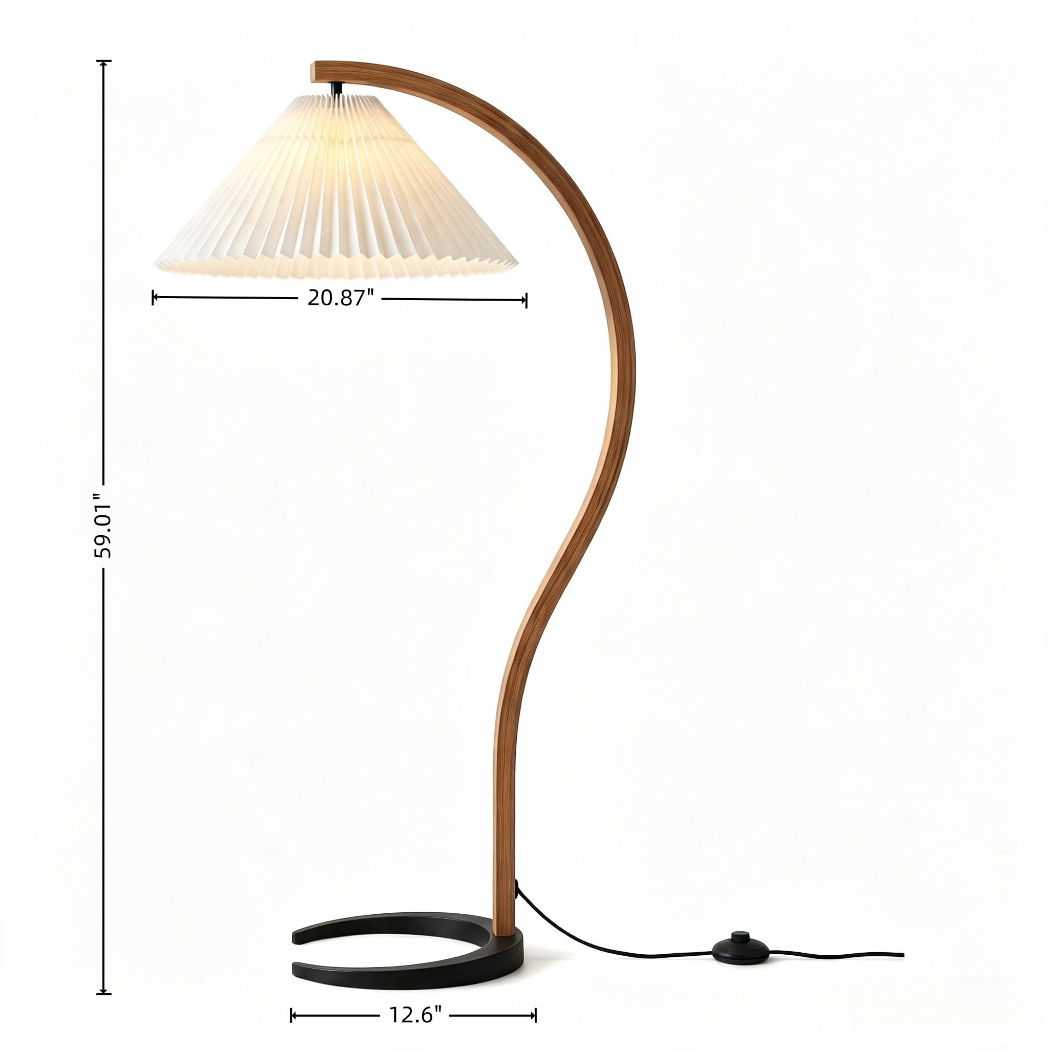 AISWORD Mid Century Curved Arc Floor Lamp with Pleated Fabric Shade, Solid Bentwood S-Shape Standing Reading Light with Heavy Base, Beige