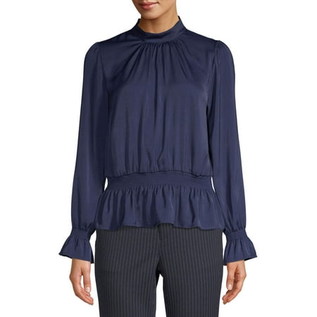 Scoop Hammered Satin Long Sleeve Peplum Top Women's