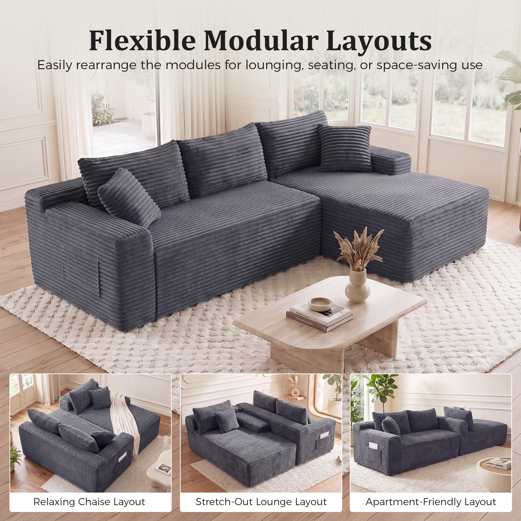 Aenkyo 95 Inch Corduroy L-Shaped Modular Sectional Sofa, Right Chaise, Gray