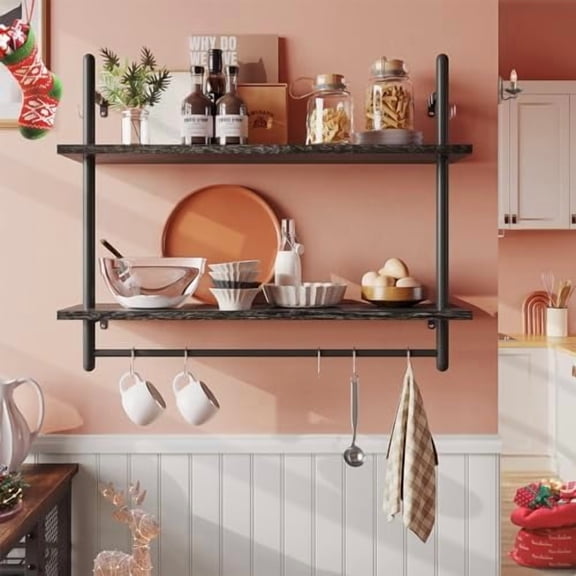 Pipe Shelf Industrial Floating Shelving 31" Kitchen Wall-Mounted Shelf Towel Bar Hooks Coffee Bar Shelves Wine Hanging Display Rack Bookshelf Living Room Decor Bathroom-Charcoal Black