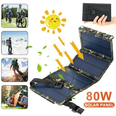 USB 80W Solar Charger, Foldable Portable Solar Phone Charger, Solar Panel for Phones, Laptop, Camouflage