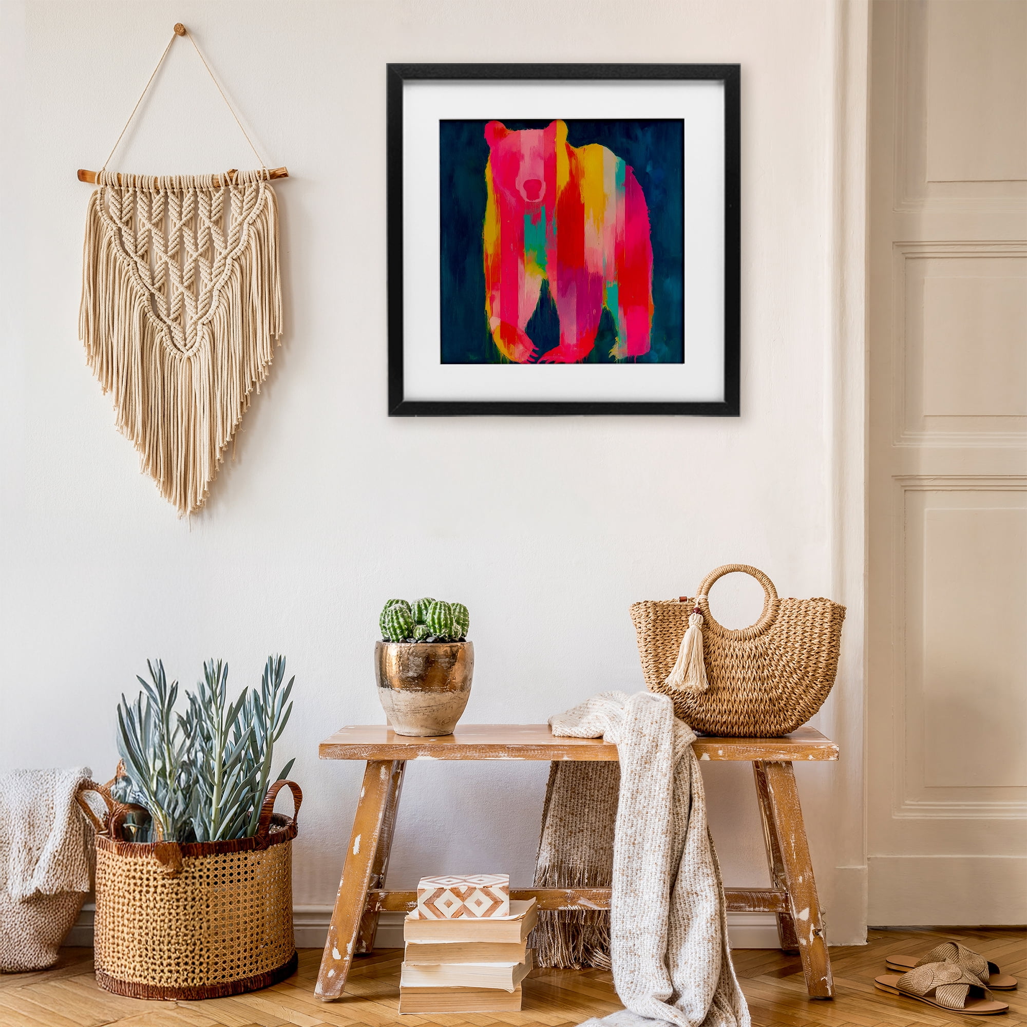 Stupell Industries Pink & Yellow Bear Standing Tall Black Framed Print Under Glass, design by Chromatic Storm Studio