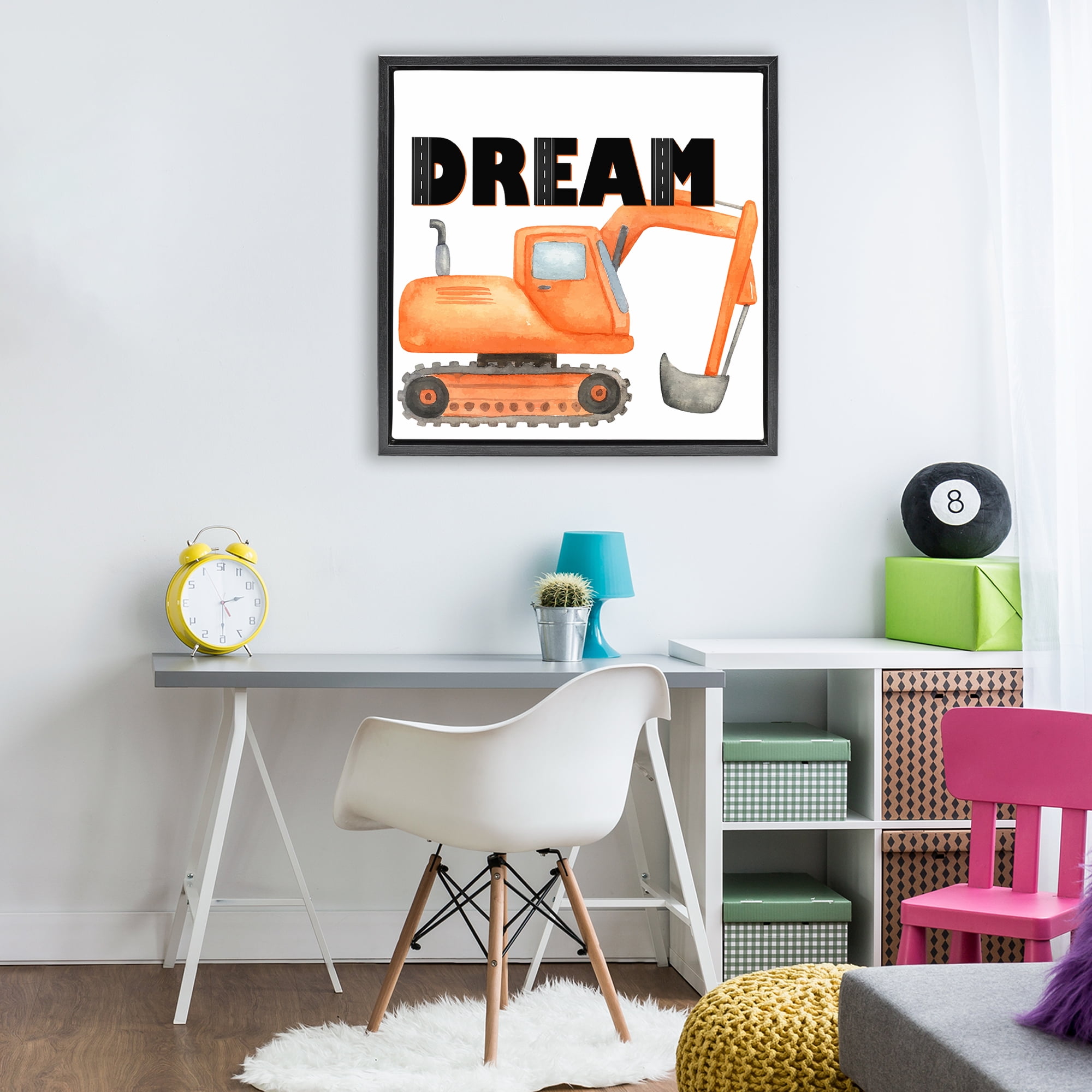 Dream with Orange Excavator Black Framed Floater Canvas Wall Art, design by Kim Allen