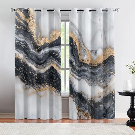 Marble Blackout Curtains For Girls Boys Home Decor Black Gold Marble Curtain Modern Luxury Grommet Drapes For Living Room Bedroom 42 W x 108 L (Pack of 2)