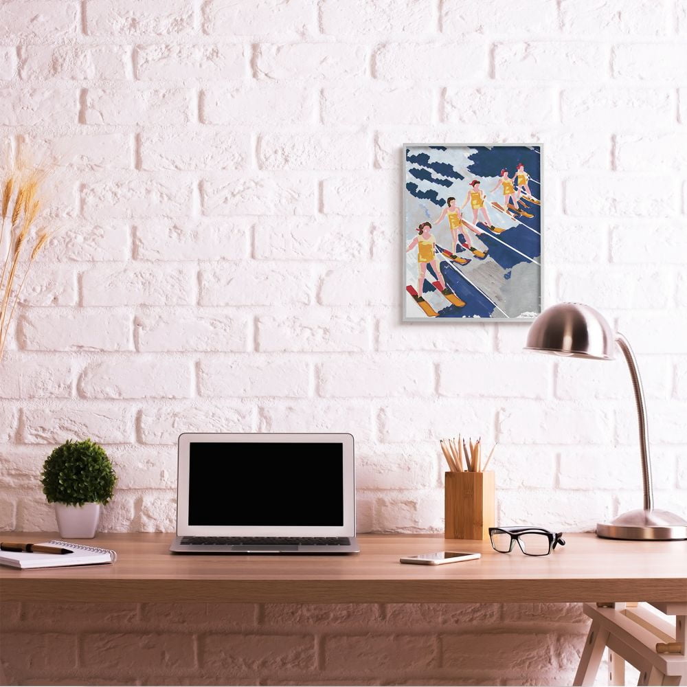 Stupell Industries Retro Waterski Women Blue Yellow Watercolor Painting Framed Wall Art Design by Stellar Design Studio