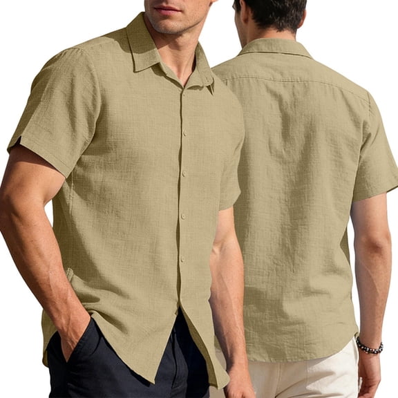 Jyeity Button Shirts for Men Breathable Casual Linen,Short Sleeve Collar T Shirts Tops L