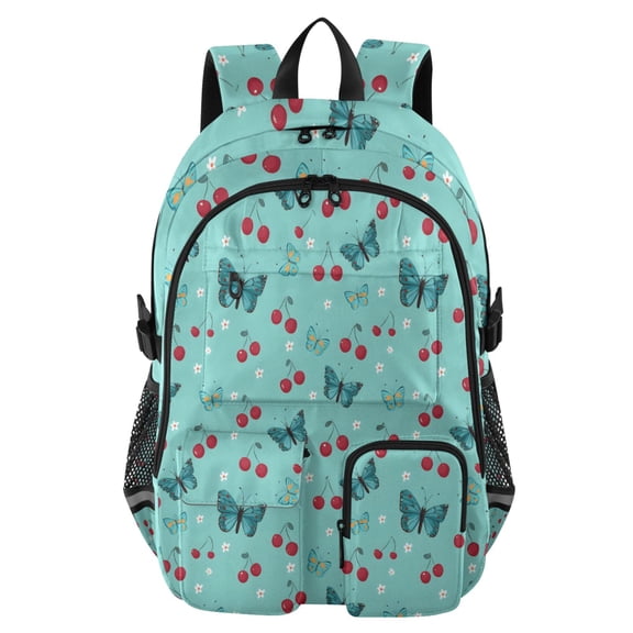 DIXRUYEE Butterflies and Cherries Pattern Backpack for School 14”Laptop Compatible with Reflective Safety Strips