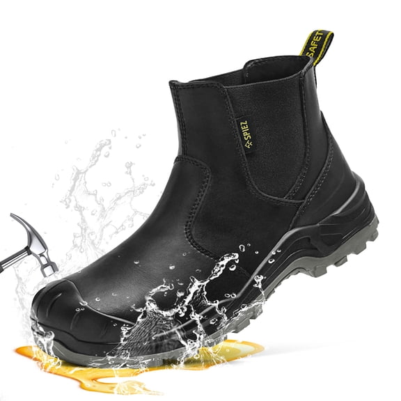 SPIEZ Men's Steel Toe Chelsea Work Boots,Waterproof Non-Slip 6-Inch Safety Boots with Kevlar Midsole,Slip-On Leather Boots for Construction Warehouse Outdoor - Black Size 10