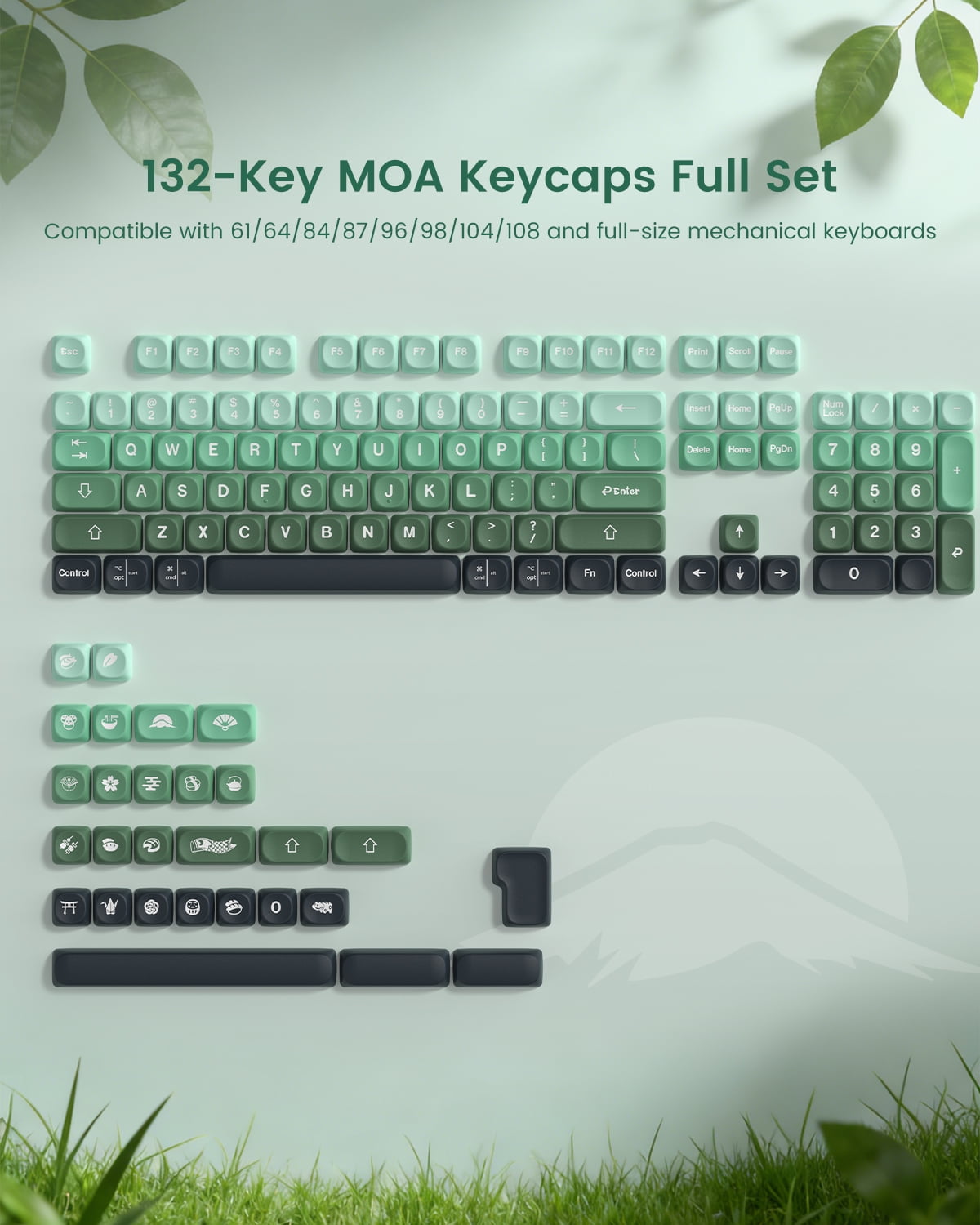 COSTOM Matcha Gradient Green PBT Keycaps, MOA Profile Cute Custom Keyboard Keycaps Janese Style 5 Side Dye Sublimation, 132 Keys Set for 60% 65% 75% 80% 100% Cherry Gateron MX Mechanical Keyboard