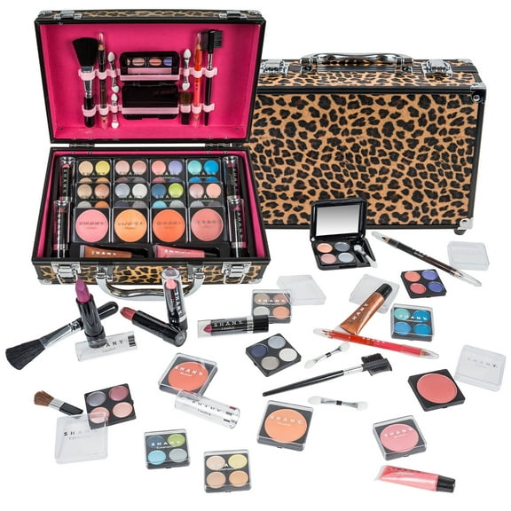 SHANY Carry All Make up Train Case with Pro Makeup Set , Beauty Brushes, Lipsticks, Eye Shadows, Blushes, Powders, and more - Reusable Cosmetics Storage Organizer - Premium Gift Packaging - Leopard