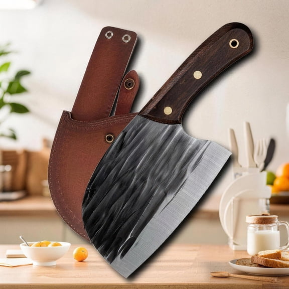 Meat Cleaver Butcher Knife, 6" High Carbon Steel Serbian Chef Knife with Leather Sheath, Heavy Duty Chopping Knife for Kitchen Camping BBQ