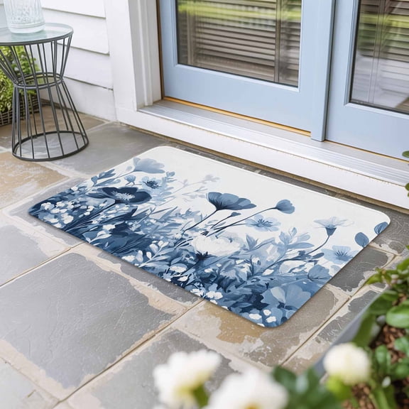 Navy Blue Flowers Door Mat Indoor Outdoor, Summer Pastoral Botanical Non Slip Welcome Mat with Rubber Backing, Absorbent Fabric Front Door Mats Entryway Rug for Home Patio Entrance 18"x30"