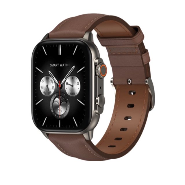 smart watch g-tide s5 pro pantalla 1.95" 260 mah correa piel contra agua ipx68 cefe G-TIDE S5 PRO en vista 3/4 frontal con pantalla AMOLED táctil 1.95" (410x502 px) mostrando carátula analógica, bisel metálico oscuro, corona lateral con aro naranja y dos botones; correa piel marrón tipo Milanés con hebilla; fondo blanco. Indicado para GPS integrado, notificaciones Bluetooth e IP68 (inmersión hasta 50 cm); suele usarse también como reloj de viaje por su diseño compacto.