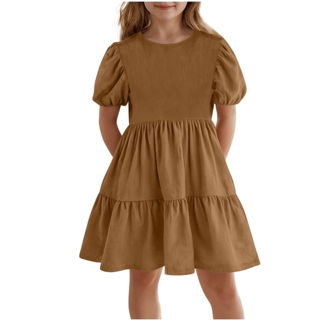 Mgmyaa Robe d'Été à Manches Courtes Smockée à Volants pour Filles Col Rond Ligne A Robes Fluides Taille 5-15 Ans