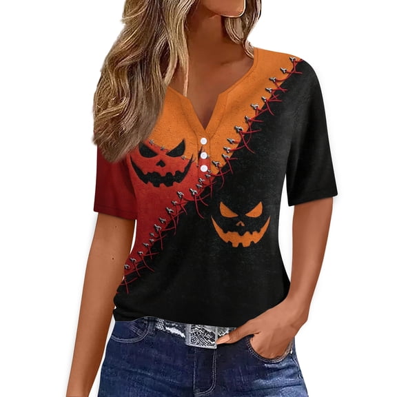 Funny Halloween Graphic Tees Halloween Shirts for Women Plus Size V Neck Short Sleeve Fall Holiday Halloween Tee Shirts