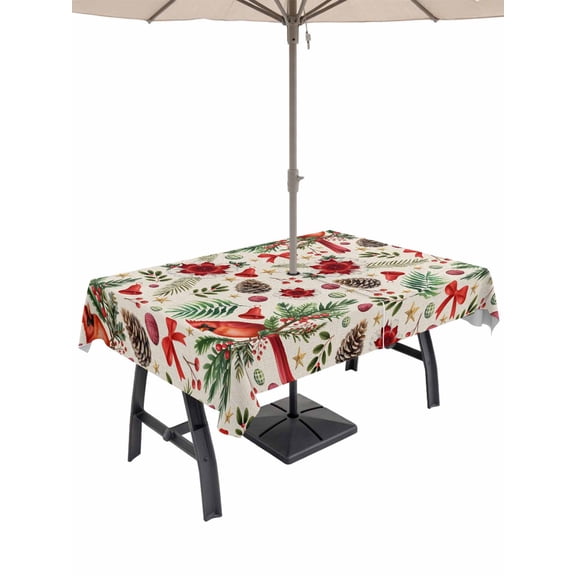 Outdoor Tablecloth with Umbrella Hole and Zipper, Christmas Cardinal Rectangle Table Cloth 60x120 Inch Waterproof Tablecloth, Xmas Winter Flower Bow Pine Fruits Beige Picnic Table Cover for Patio
