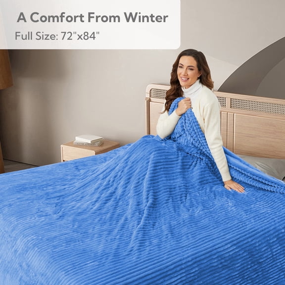SUNNY HEAT Heated Electric Blanket Ribbed Flannel 72"x84" Full Size - 10 Heating Settings & 2/4/6/8/10/12 Hours Auto off, Thick and Warm Washable - Blue