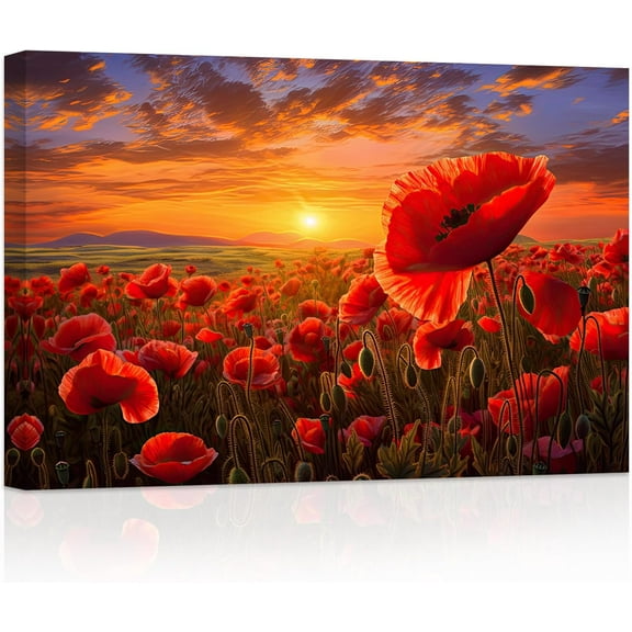 ZHONGYUTONG Red Poppies Flower Canvas Wall Art Poppy Floral Field Painting Prints Sunset Landscape Picture Elegant Rustic Artwork Bathroom Home Decor (12.00" x 18.00")