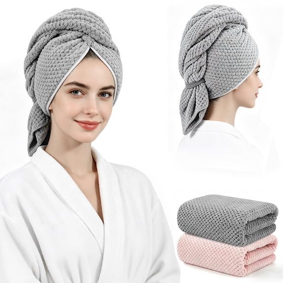 2 Pack Microfiber Hair Towel - 42 x 25 inches Super Soft, Absorbent, Fast Drying Without Frizz Hair Towel Wrap for Women Long, Thick, Curly Hair - Hair Turbans with Elastic Strap