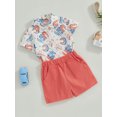 thumbnail image 4 of Aojekbee Independence Day Kids Boys Clothes Letter Stars Car Print Turn-Down Collar Short Sleeve Shirts Solid Color Shorts 2Pcs Suit, 4 of 10