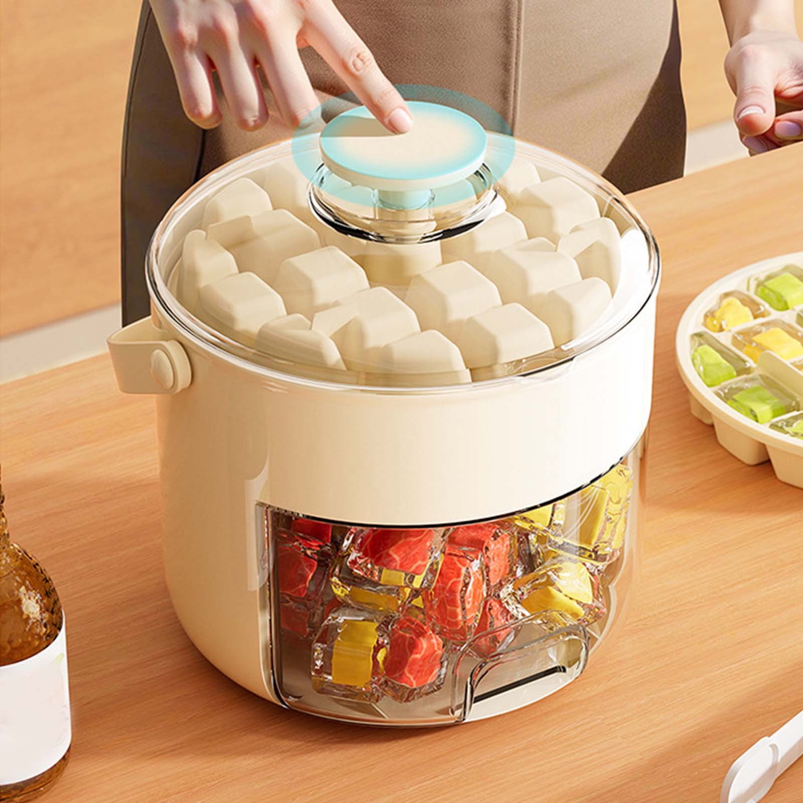 Ice Cube Tray with Lid and Bin,42 Grid Ice Cube Mold Two Layer Storage Box,Flexible Ice Cube Trays One-Click Demolding,Pull-Out Ice Drawer with Portable Handle,Whiskey Cocktail Tools Cream Maker