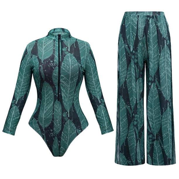 Traje de baño tankini de manga larga con cuello redondo y cremallera para mujer, informal, estampado, dos piezas, tankinis, dos piezas, para mujer
