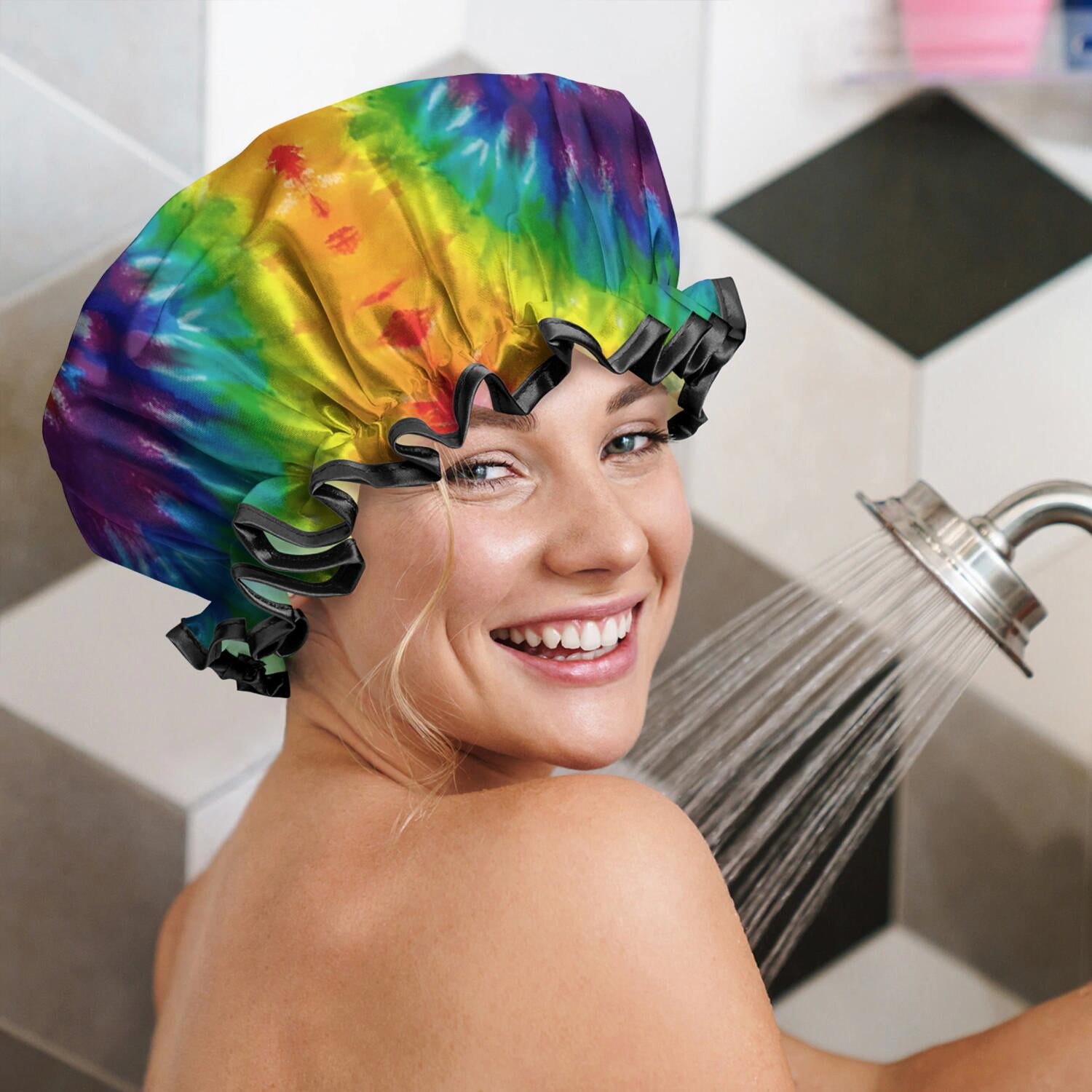 Shower Caps,Colorful Tie Dye Pattern Waterproof Shower Cap for Women 4 Pieces,Double Reusable Hair Cover for Shower PEVA Elastic Stretch Hem