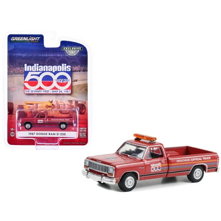 1987 Dodge Ram D-250 Pickup Truck "71st Annual Indianapolis 500 Mile Race Dodge Official Truck" Red with Stripes "Hobby Exclusive" Series 1/64 Diecast Model Car by Greenlight
