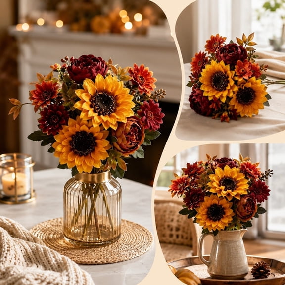 Fall Harvest Sunflower Bouquet Faux Peony Chrysanthemum Stems Autumn Floral Arrangement For Thanksgiving Table Centerpiece Decor