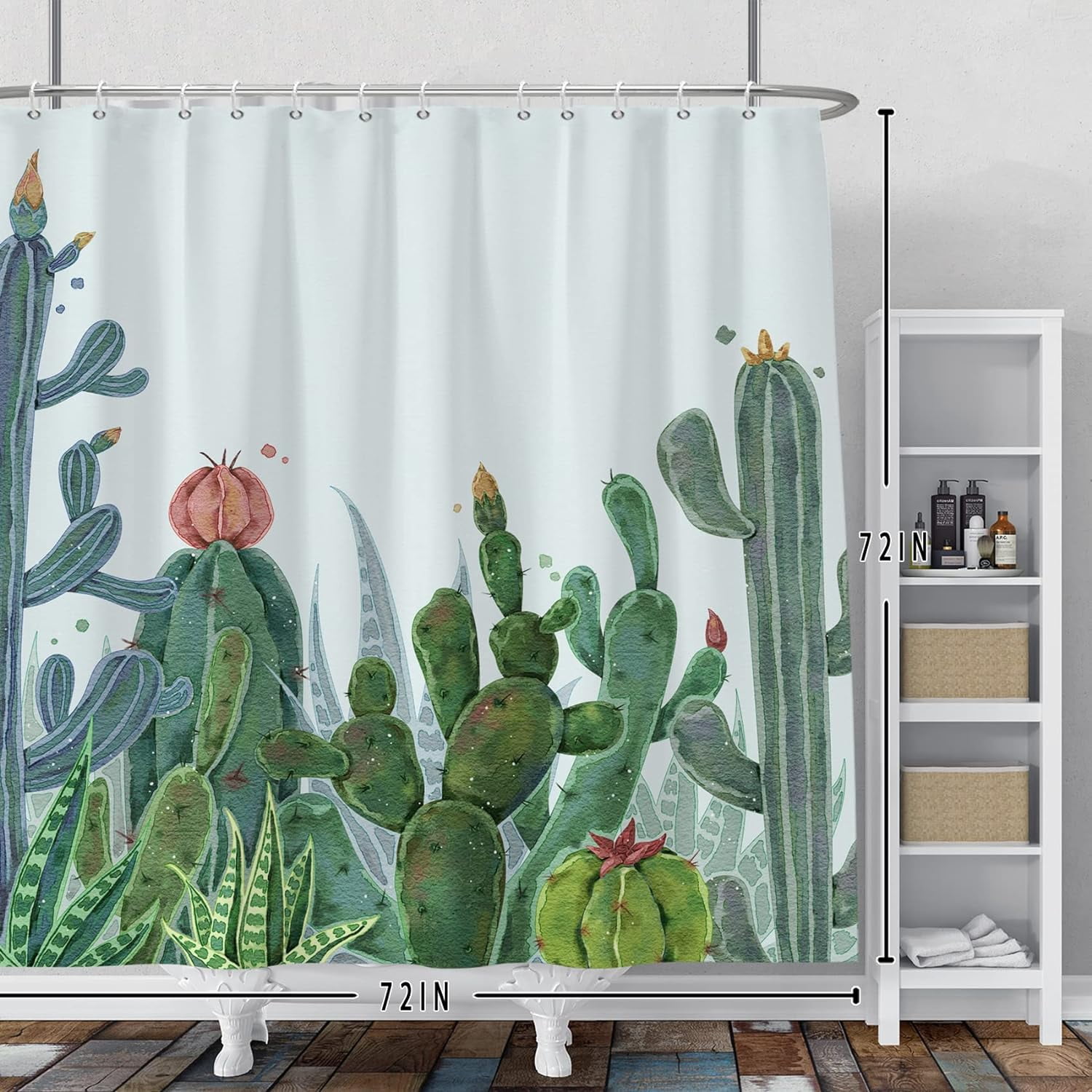Cactus Shower Curtain Watercolor Tropical Succulent Plants Cactus Flowers Shower Curtains for Bathroom Bathtubs Waterproof Fabric Shower Curtain with Hooks 72x72 Inches