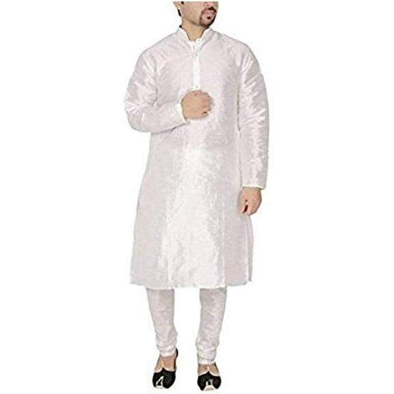 Royal Kurta Men's Luxury Art Silk Blend Occasional Kurta Churidar Set White