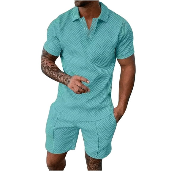 UVEASISHA Golf Outfits for Men 2 Piece Sets,Men's 2 Piece Tracksuit Short Sleeve Print Polos Shirt and Shorts Sets Summer Outfits for Men Track Suits for Men Big and Tall Light Blue