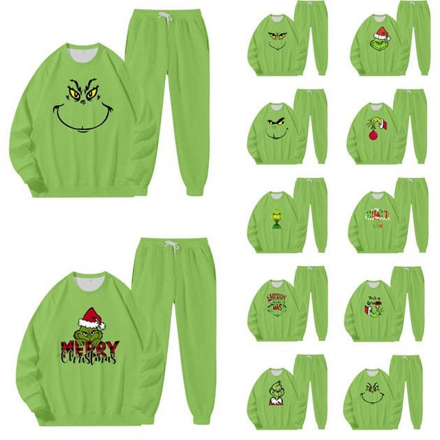 LINMOUA Grinch Ensemble Décontracté Mode Femme Col Rond Chandail avec Manches Imprimées et Chandail Col Rond Deux Pièces
