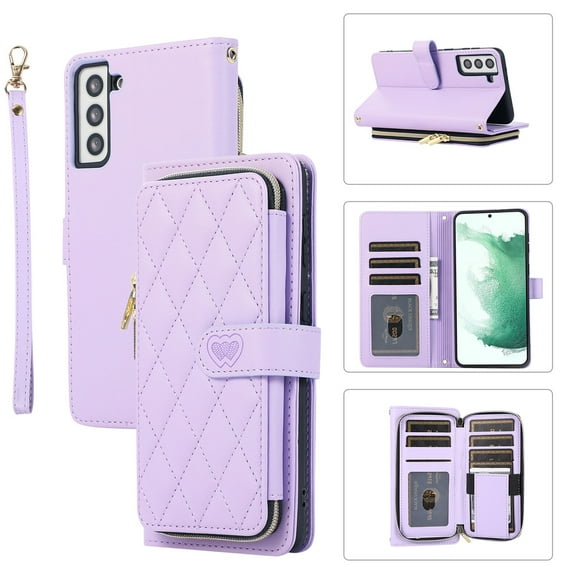 SaniMore for Samsung Galaxy S23 FE Buisness Case, Zipper Purse [Card Holders] Magnetic Clasp Flip Kickstand Wrist/Crossbody Lanyard PU Leather Wear-resistant Full Protective Wallet Shell, Purple
