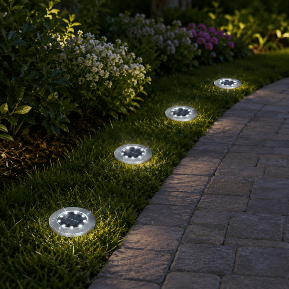 FRESMINT 4-Pack Solar Ground Lights Outdoor, Warm LED Stainless Steel Waterproof In-Ground Disk Lights, Solar Powered Garden Landscape Path Lighting for Lawn Yard Walkway