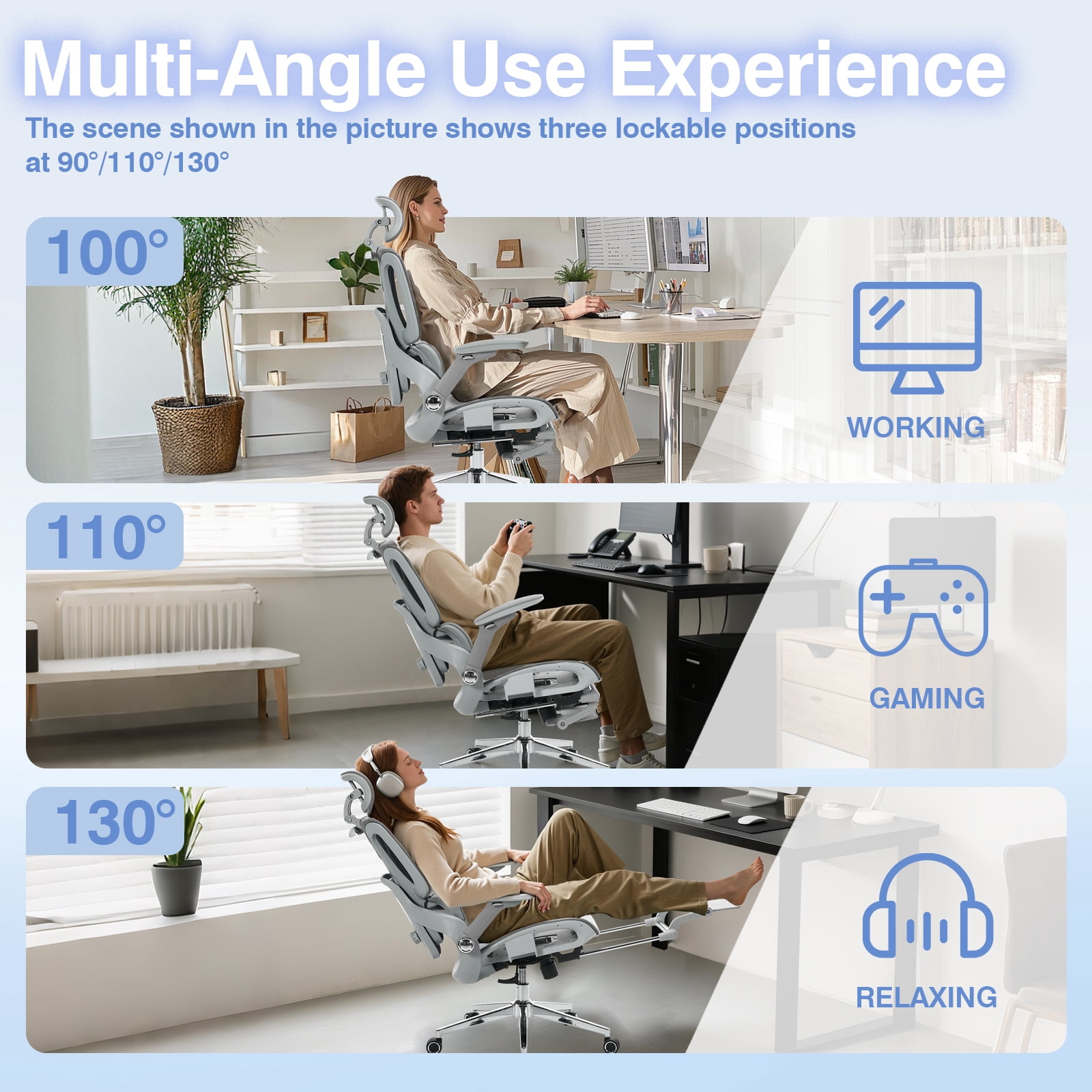 Czlolo High Back Ergonomic Mesh Office Chair with Footrest, 4D Armrests, Adjustable Lumbar Support, Gray
