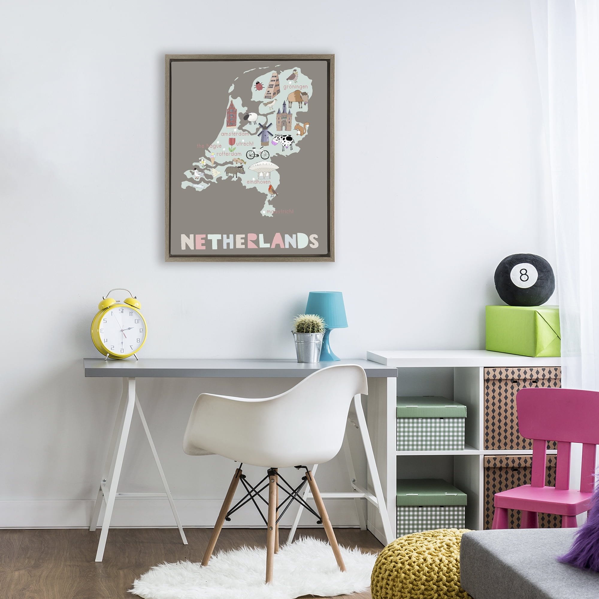 Kid's Map of Netherlands Brown Framed Floater Canvas Wall Art, design by Carla Daly