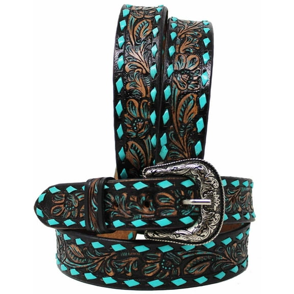 21-22   Western 1 1/4" Wide Kids Youth Rodeo Floral Tooled Leather Belt 26FK11C