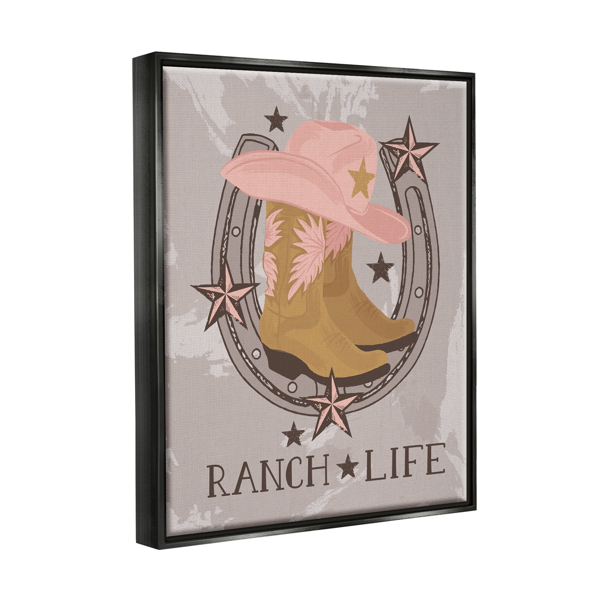Stupell Industries Ranch Life Cowgirl Horseshoe Nature Painting Black Floater Framed Canvas Art Print Wall Art, 25 x 31