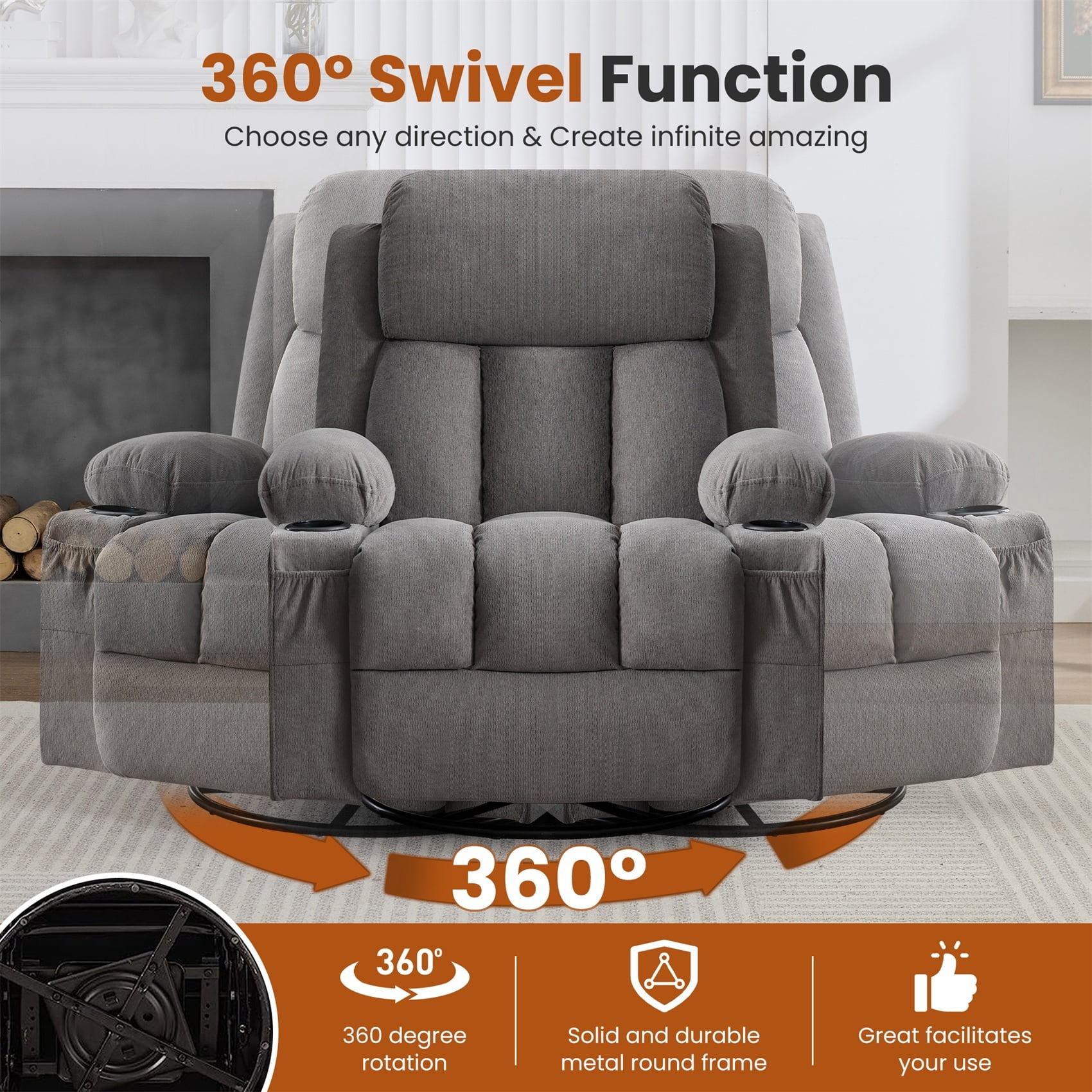 Alvantor Swivel Recliner Chair with Massage & Heat for Adults, Single Rocker Sofa with Cup Holders for Bedroom Home Theater Gray