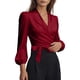 thumbnail image 5 of TaTaai Women’s Casual V Neck Satin Blouse Long Sleeve Tie Strap Loose Fit Solid Color Printless T Shirts Soft Polyester Winter Holiday Wear Gift, 5 of 8