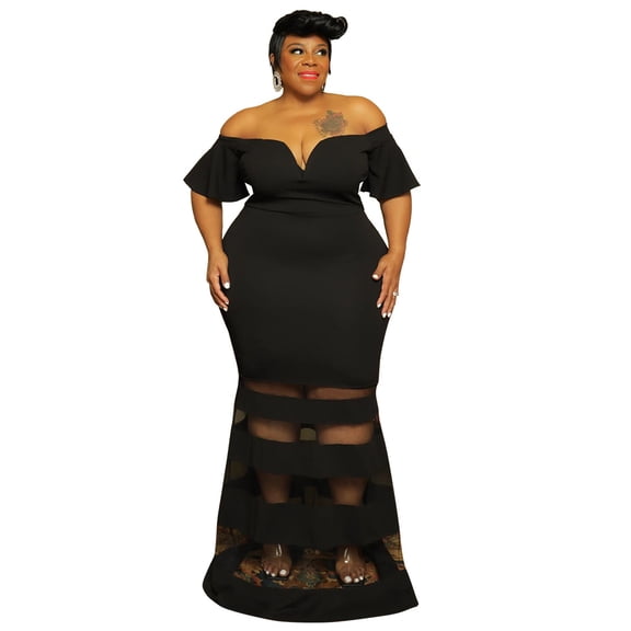AURA Plus Size V Neck Maxi Dress Women Flare Sleeve High Waist Elegant Summer Party Dress