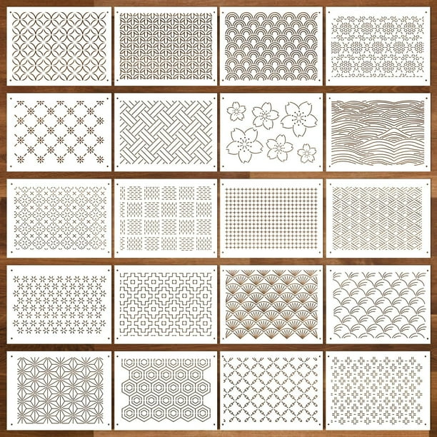 Set de plantillas Sashiko Sel de plástico natural, 21 x 15 cm, 20 unidades
