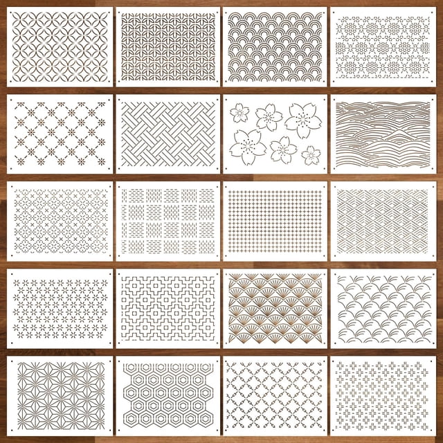 Set de plantillas Sashiko Sel de plástico natural, 21 x 15 cm, 20 unidades
