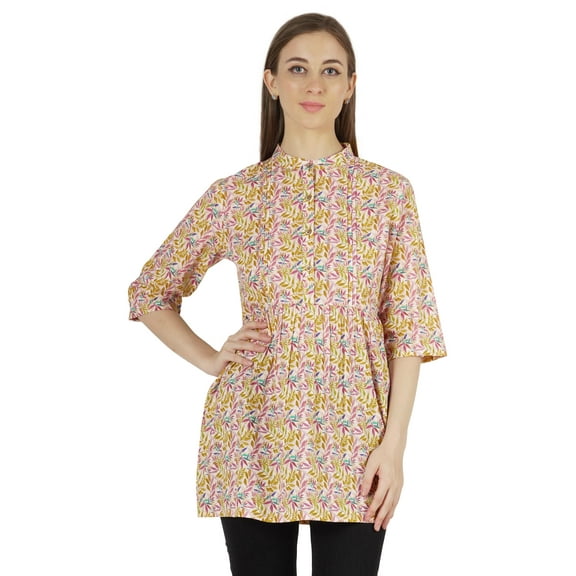 Moomaya Printed Cotton Tunic Top For WoMen's Mandarin Collar Ethnic Wear Pin Tuck Kurti