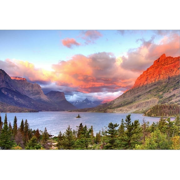 Art.com Glacier National Park, Montana - St. Mary Lake and Sunset Stretched Canvas Print Wall Art by Lantern Press, 24" x 16"