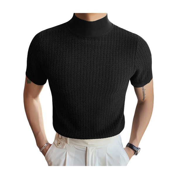 最安値！ theredthread S knit fit tops Faithtur Men's High Neck Knit Tops, Solid Color Jacquard Short